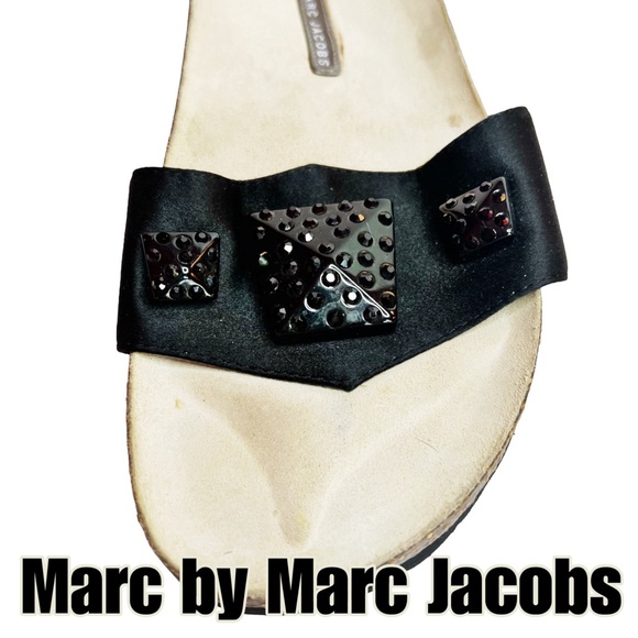 Marc by Marc Jacobs Black Satin and Leather Jeweled Slides - Picture 2 of 9